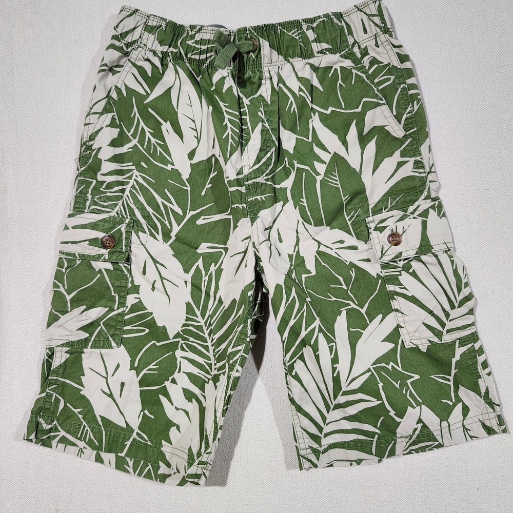 Lands' End Boys Cargo Shorts‎ Size L (14-16) Green White Leaf Print Drawstring